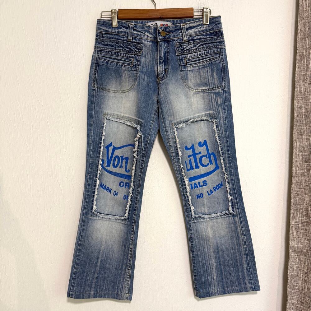 Vintage Von Dutch Womens Y2K Low Rise Straight Leg Jeans 30 Blue Logo Patch